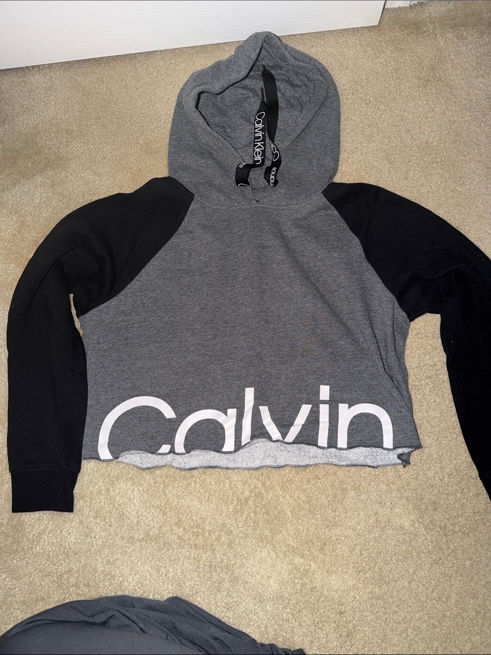 Calvin Klein Grey & Black Cropped Hooded Sweater